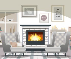 Living room fireplace card vector