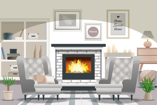 Living room fireplace card vector