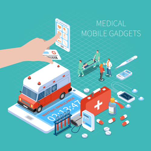 Medical mobile gadgets isometric vector illustration