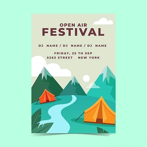 Open air music festival poster template with mountains vector