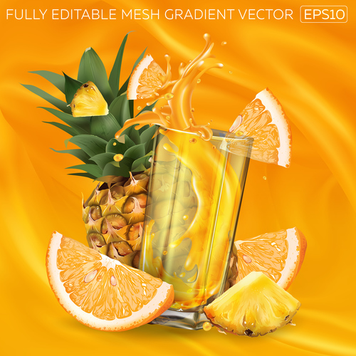 Pineapple fresh orange mixed juice realistic illustration vector