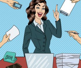 Pop art business beautiful woman at work in office illustratio vector
