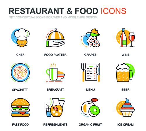 Restaurant food icons set vector