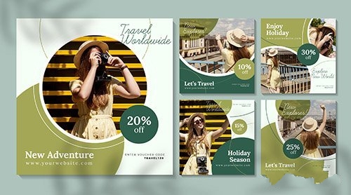 Travel sale instagram posts with photo pack vector