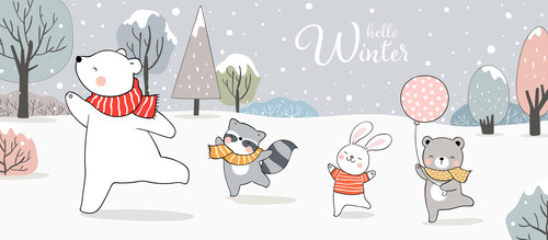 Winter forest animals illustrations vector