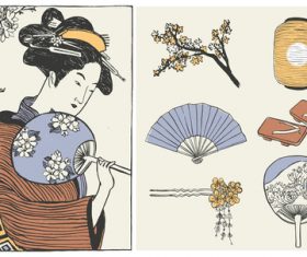 Woman in kimono holds fan vector