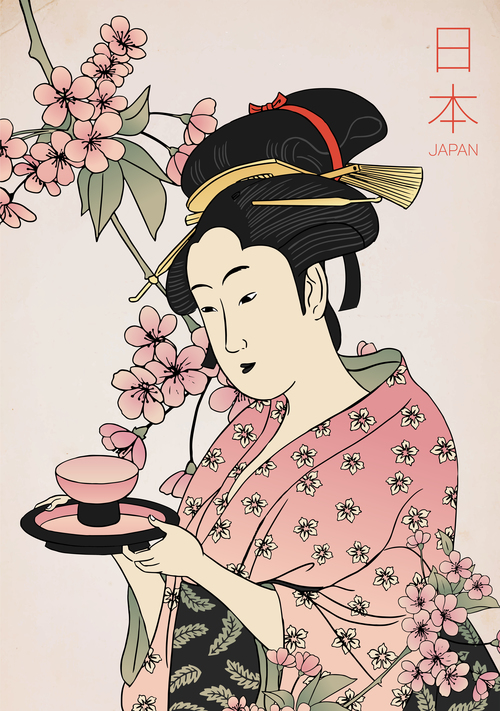 Woman in kimono serving tea vector