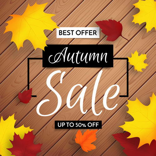 Wooden board background autumn leaves banner sale vector