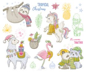 Animals and tropical plants Christmas illustration vector