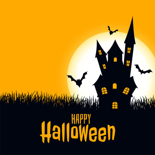 Bats flying out from haunted house halloween card vector