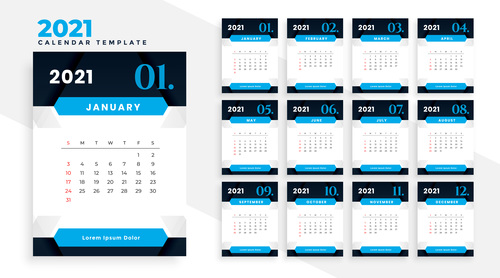 Black and blue 2021 calendar vector