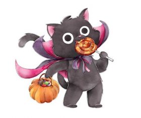 Black cat eating candy cartoon halloween card vector