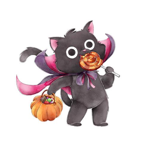 Black cat eating candy cartoon halloween card vector