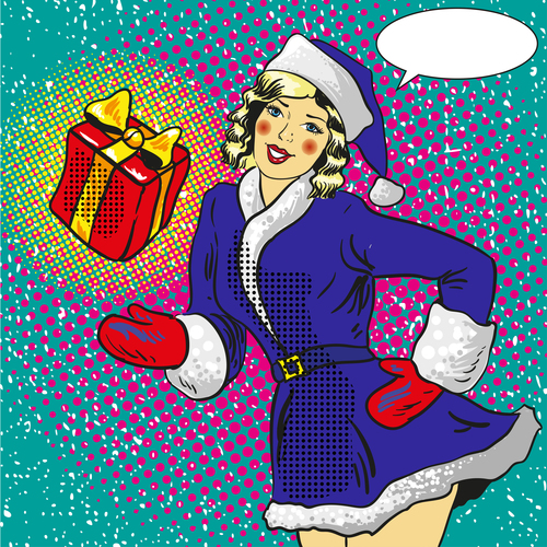 Cartoon christmas woman and gift vector vector