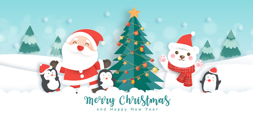 Cartoon merry christmas greeting card vector free download