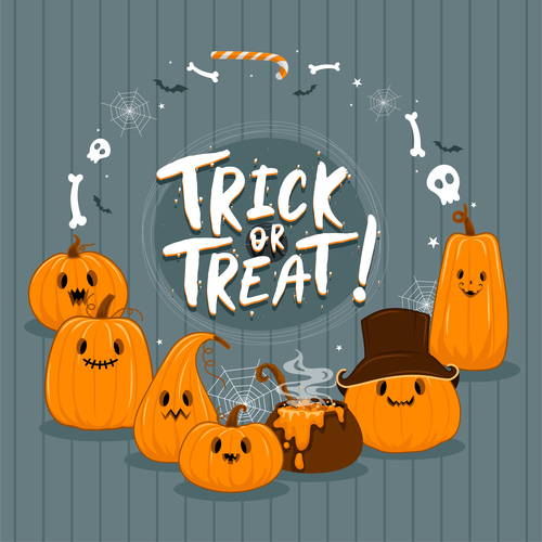 Cartoon pumpkin halloween illustration vector on gray wooden board  background free download
