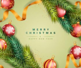 Christmas card with gold ribbon and colored balls vector