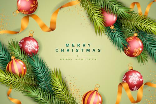 Christmas card with gold ribbon and colored balls vector