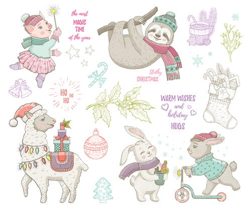 Christmas illustrations cute animals vector