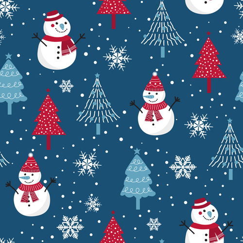 Christmas snowman fir blue seamless pattern vector