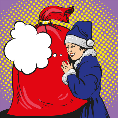 Christmas woman and big gift bag comic vector