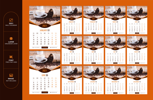 Coffee background 2021 wall calendar vector