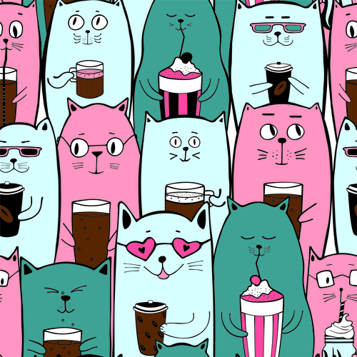 Colorful cats with coffee drinks seamless pattern vector