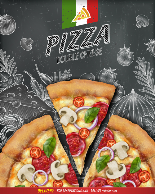 Delicious double cheese pizza advertisement vector