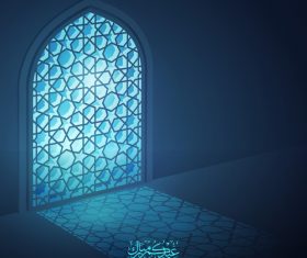 Eid Mubarak islamic design greeting background mosque window with arabic pattern vector