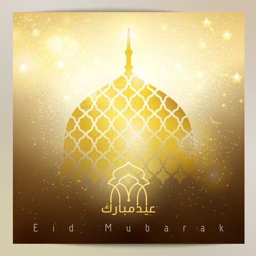 Eid mubarak gold glow mosque dome for greeting background vector