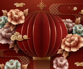 Flower and origami red lantern vector