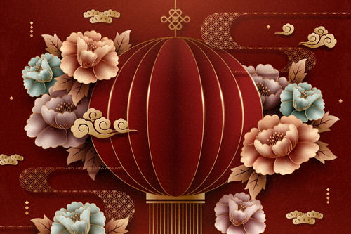 Flower and origami red lantern vector
