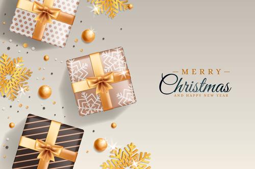 Gift box and golden snowflake background Christmas card vector
