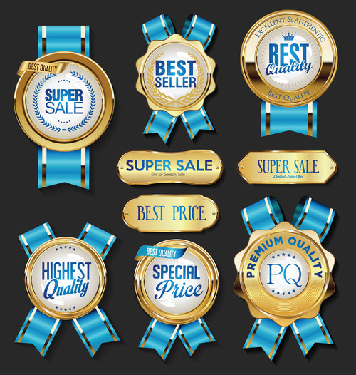 Golden badge label and blue ribbon vector