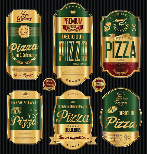 Golden luxury pizza labels vector