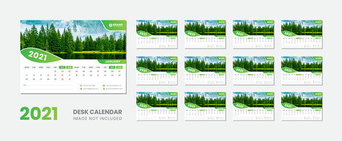 Green pine background 2021 desk calendar vector