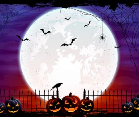 Halloween background with Moon in the sky and pumpkins