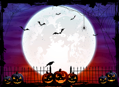 Halloween background with Moon in the sky and pumpkins