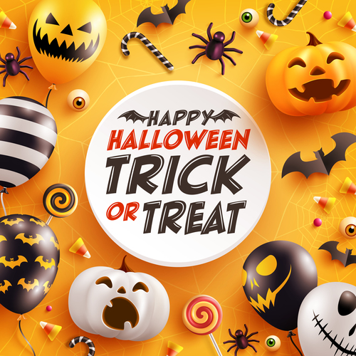 Halloween card with cute pumpkin bat and candy vector