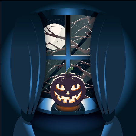 Halloween pumpkin lantern on windowsill vector