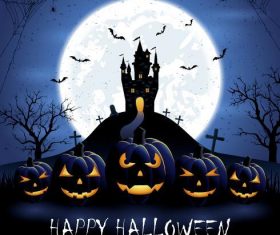 Halloween pumpkins and castle on blue night background vector