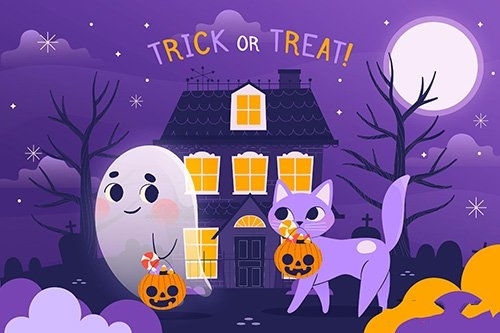 Hand-Drawn Happy Halloween Background with Ghost Cat vector
