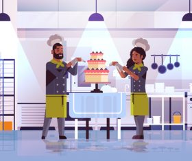 Male and female pastry chef making cake vector