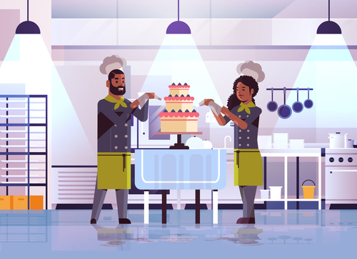 Male and female pastry chef making cake vector