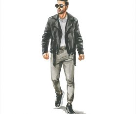 Man in leather jacket watercolor illustration vector