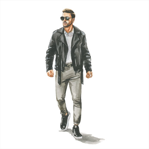 Man in leather jacket watercolor illustration vector