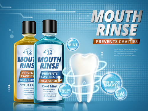 Mouthwash advertisements and refreshing 3d illustrations vector
