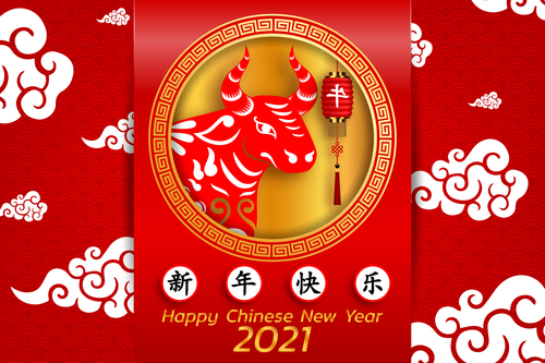 Prosperous 2021 Year of the Ox greeting card vector