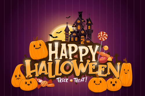 Pumpkin candy and haunted house background halloween illustration vector