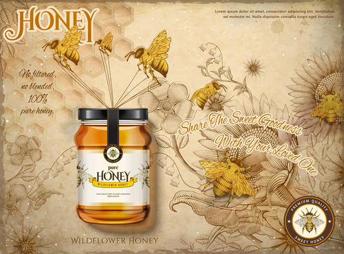 Pure wild honey in glass jar advertising vector
